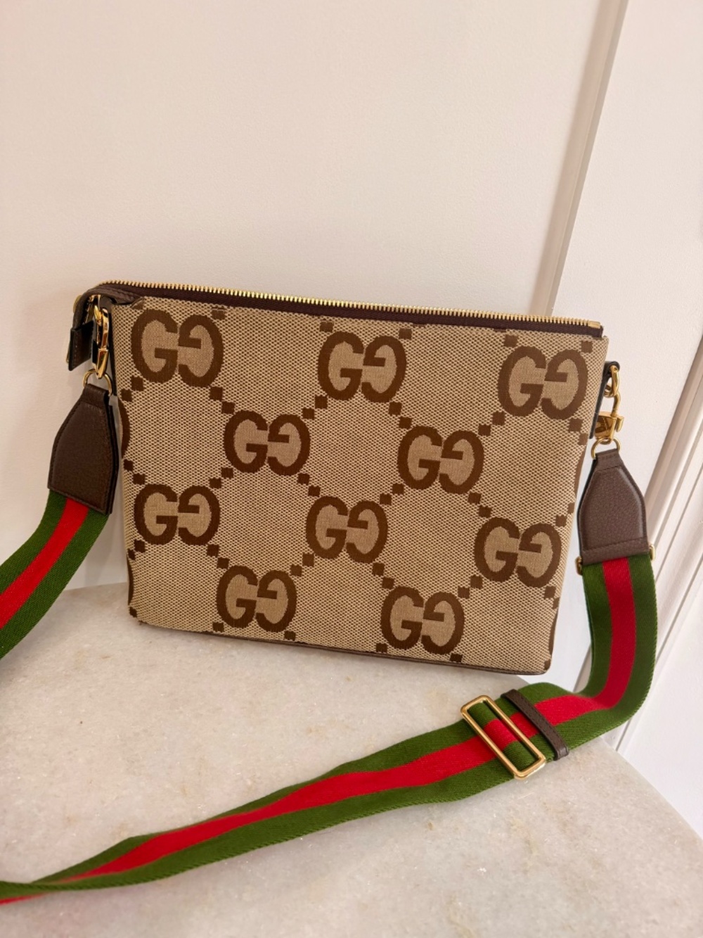 Gucci Jumbo GG Canvas Portfolio Crossbody Bag w/ Web Strap